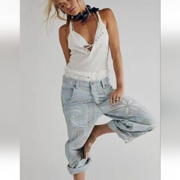 Free People Pants - Free People Solstice slouchy wide leg embroidered jeans size 28